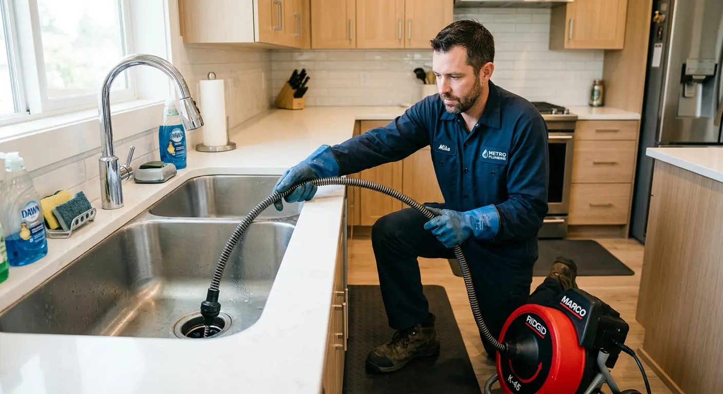 Drain cleaning technician using a motorized snake on a kitchen sink in Clover Creek
