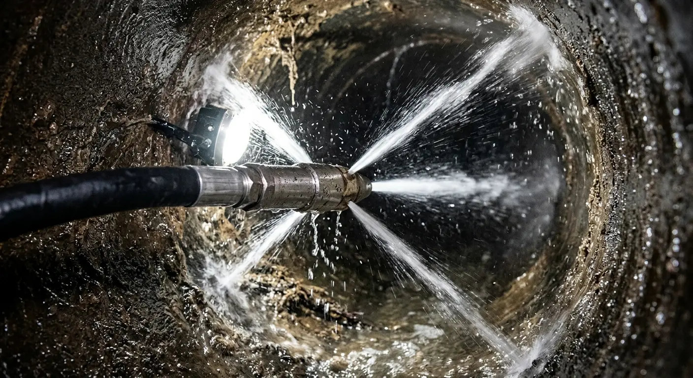 High-pressure hydro jetting nozzle cleaning sewer pipe for Storm Drain Cleaning in Clover Creek
