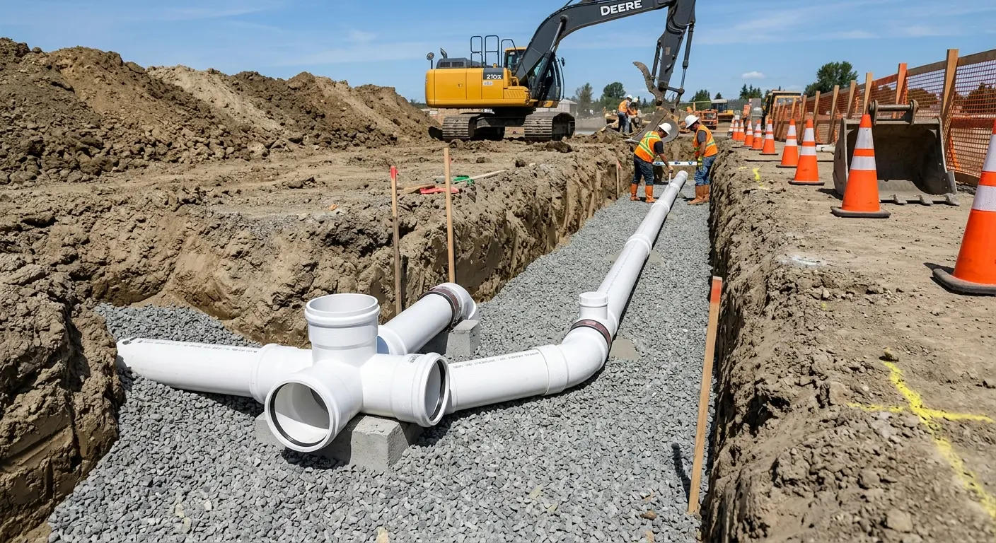 New PVC sewer pipe installation in open trench for Commercial Drain Cleaning in Clover Creek