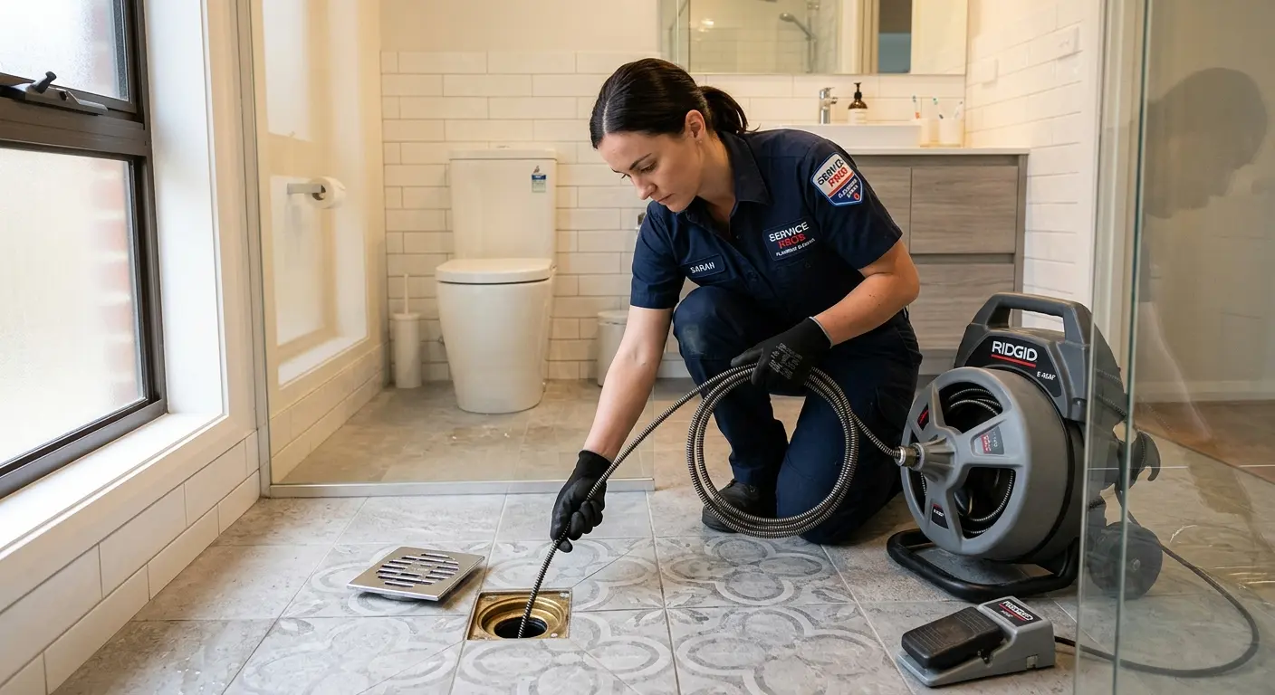 Technician clearing a bathroom floor drain for Clogged Drain Repair in Clover Creek